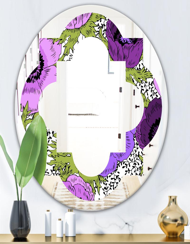 DesignQ Purple Retro Fantasy Flowers - Cottage Round Or Oval Wall Mirror - Quatrefoil