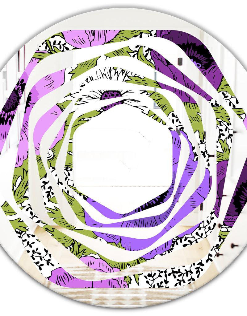 DesignQ Purple Retro Fantasy Flowers - Cottage Round Or Oval Wall Mirror - Whirl