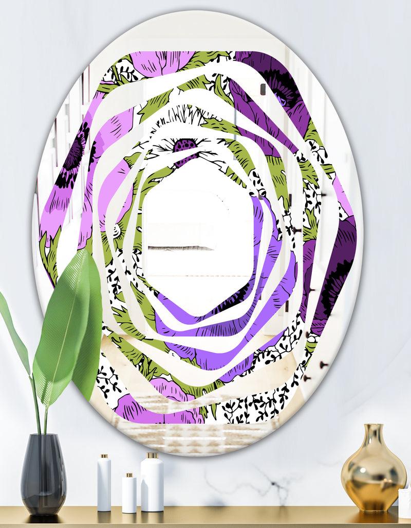 DesignQ Purple Retro Fantasy Flowers - Cottage Round Or Oval Wall Mirror - Whirl