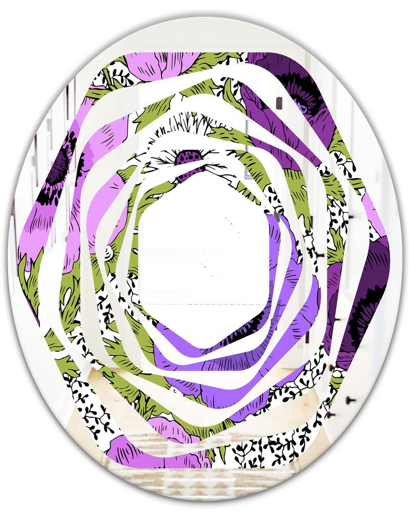 DesignQ Purple Retro Fantasy Flowers - Cottage Round Or Oval Wall Mirror - Whirl