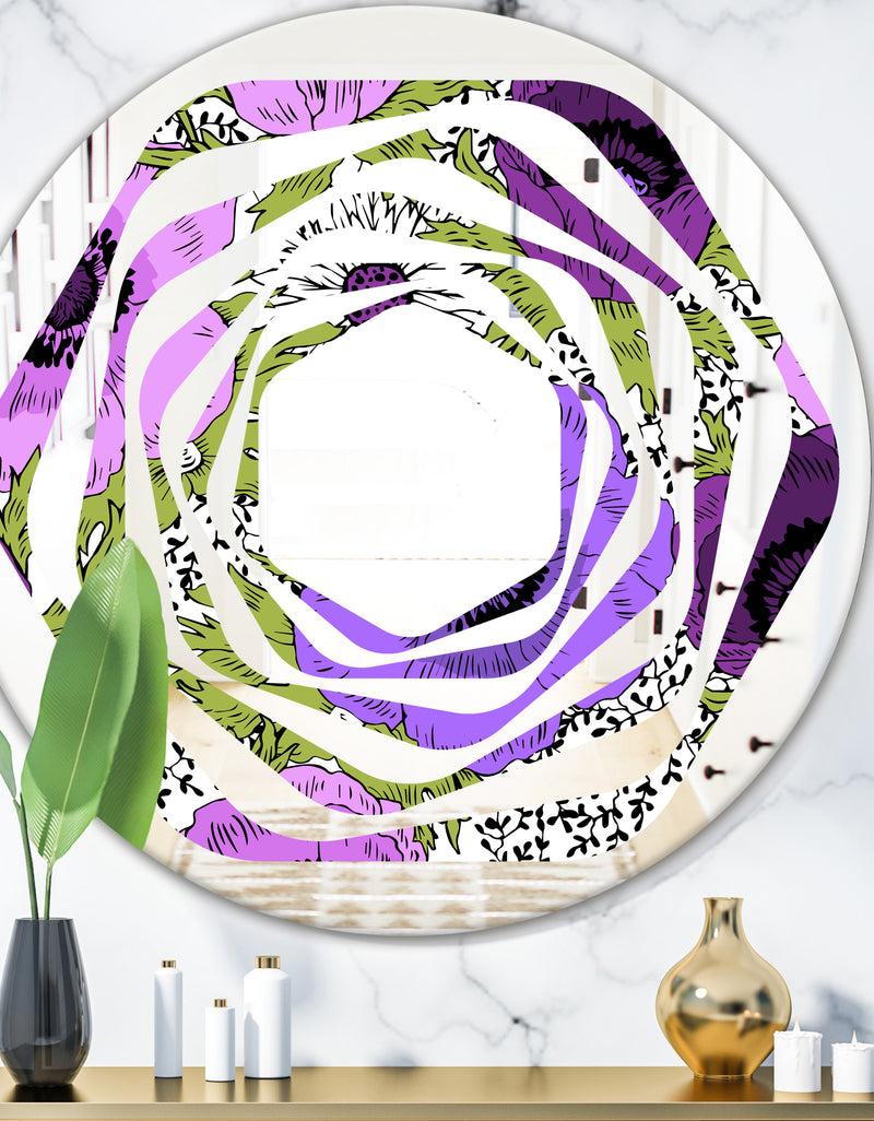 DesignQ Purple Retro Fantasy Flowers - Cottage Round or Oval Wall Mirror - Whirl