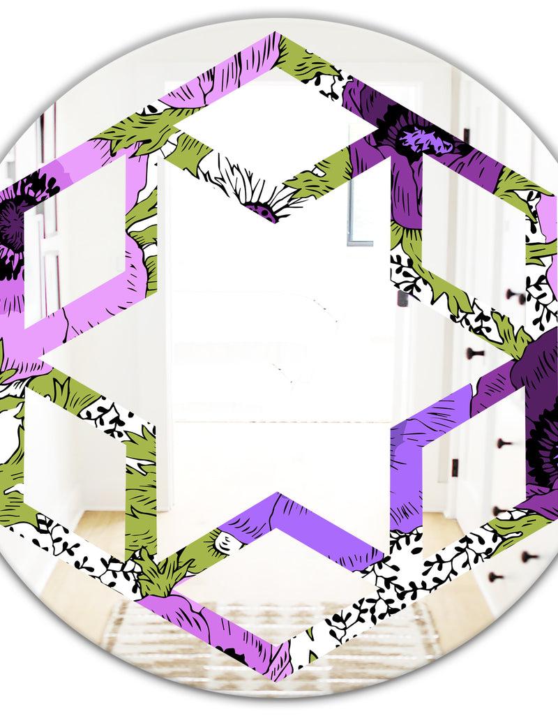 DesignQ Purple Retro Fantasy Flowers - Cottage Round Or Oval Wall Mirror - Hexagon Star