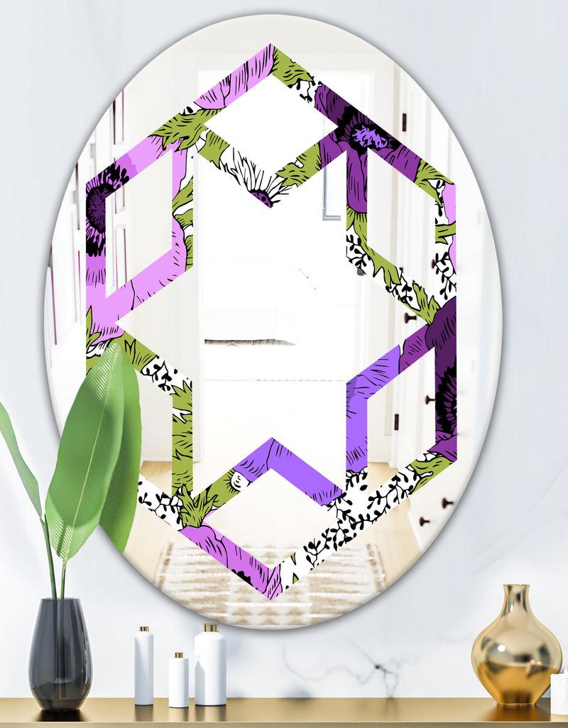 DesignQ Purple Retro Fantasy Flowers - Cottage Round Or Oval Wall Mirror - Hexagon Star