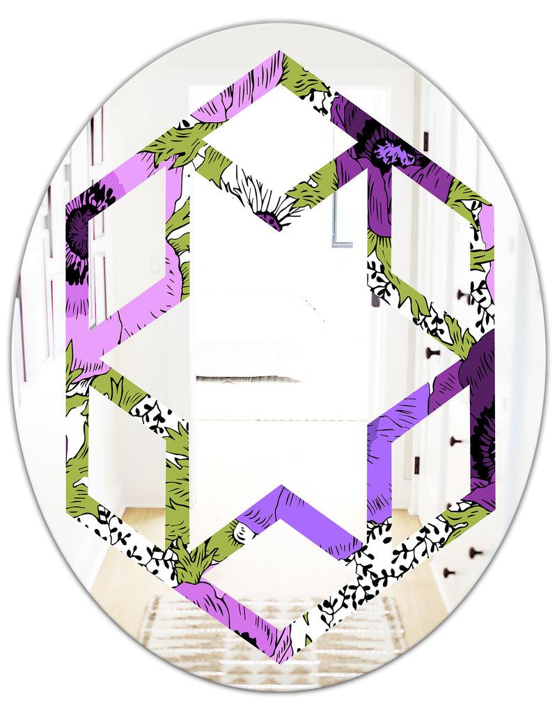 DesignQ Purple Retro Fantasy Flowers - Cottage Round Or Oval Wall Mirror - Hexagon Star