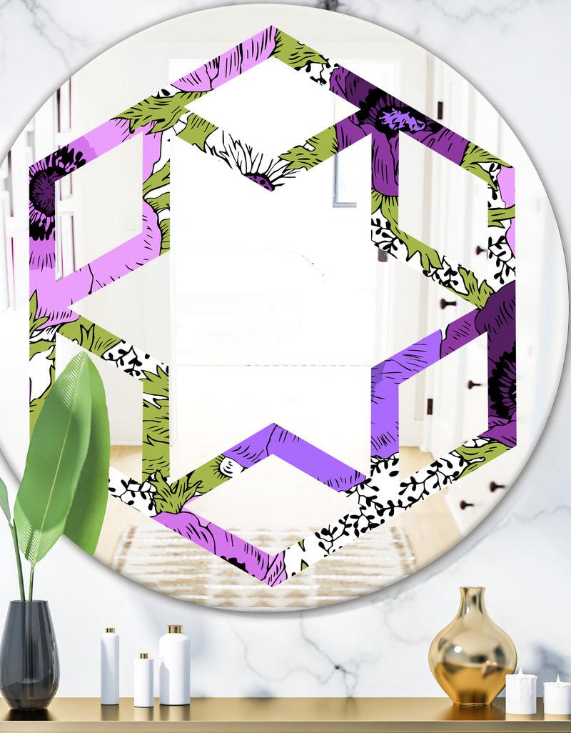 DesignQ Purple Retro Fantasy Flowers - Cottage Round or Oval Wall Mirror - Hexagon Star
