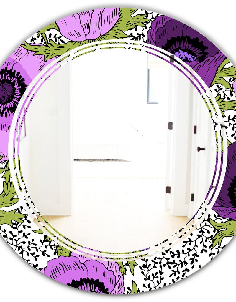 DesignQ Purple Retro Fantasy Flowers - Cottage Round Or Oval Wall Mirror - Triple C