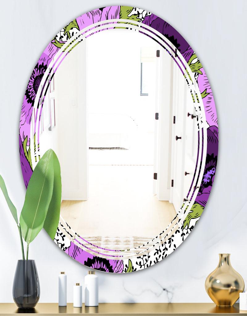 DesignQ Purple Retro Fantasy Flowers - Cottage Round Or Oval Wall Mirror - Triple C