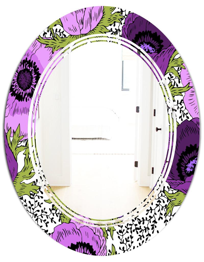 DesignQ Purple Retro Fantasy Flowers - Cottage Round Or Oval Wall Mirror - Triple C