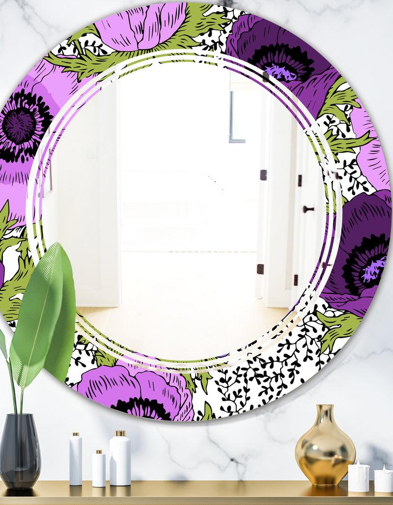 DesignQ Purple Retro Fantasy Flowers - Cottage Round or Oval Wall Mirror - Triple C