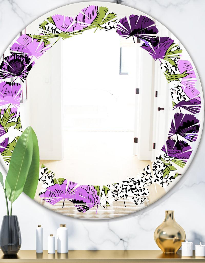 DesignQ Purple Retro Fantasy Flowers - Cottage Round or Oval Wall Mirror - Leaves