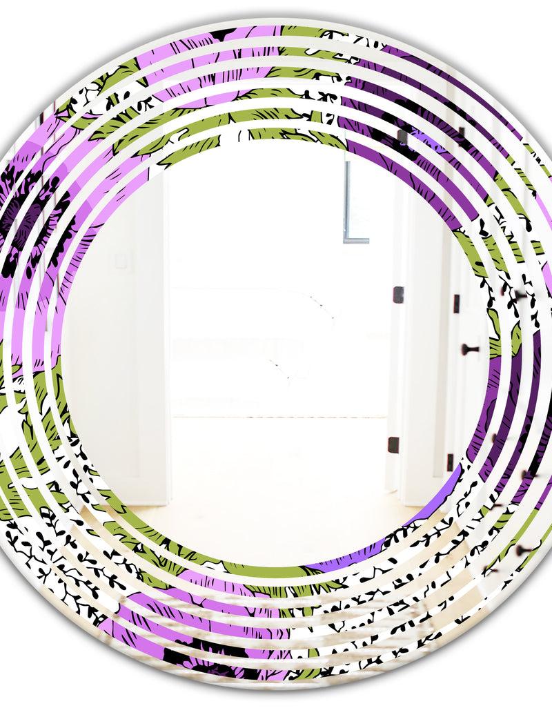 DesignQ Purple Retro Fantasy Flowers - Cottage Round Or Oval Wall Mirror - Wave