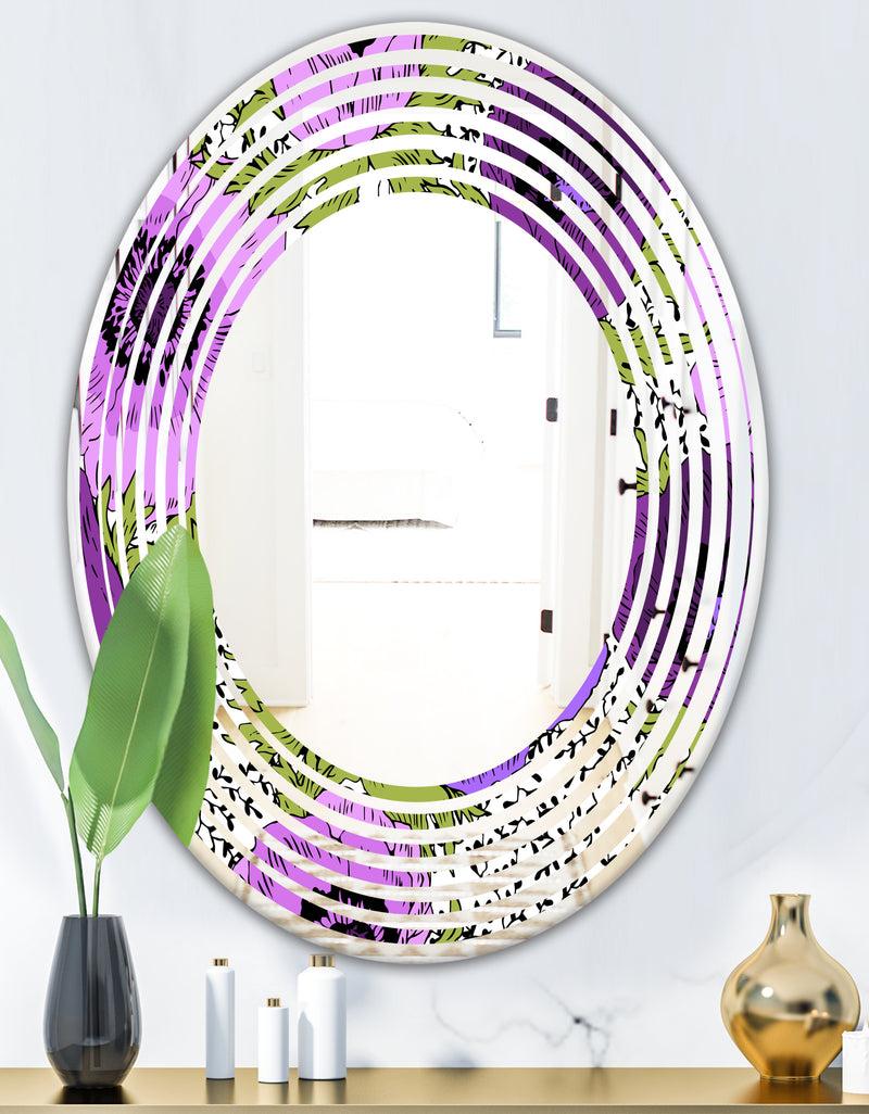 DesignQ Purple Retro Fantasy Flowers - Cottage Round Or Oval Wall Mirror - Wave