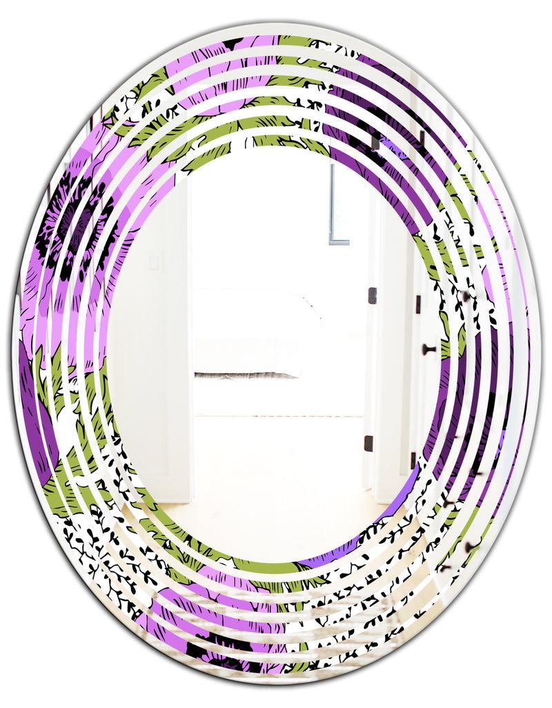 DesignQ Purple Retro Fantasy Flowers - Cottage Round Or Oval Wall Mirror - Wave