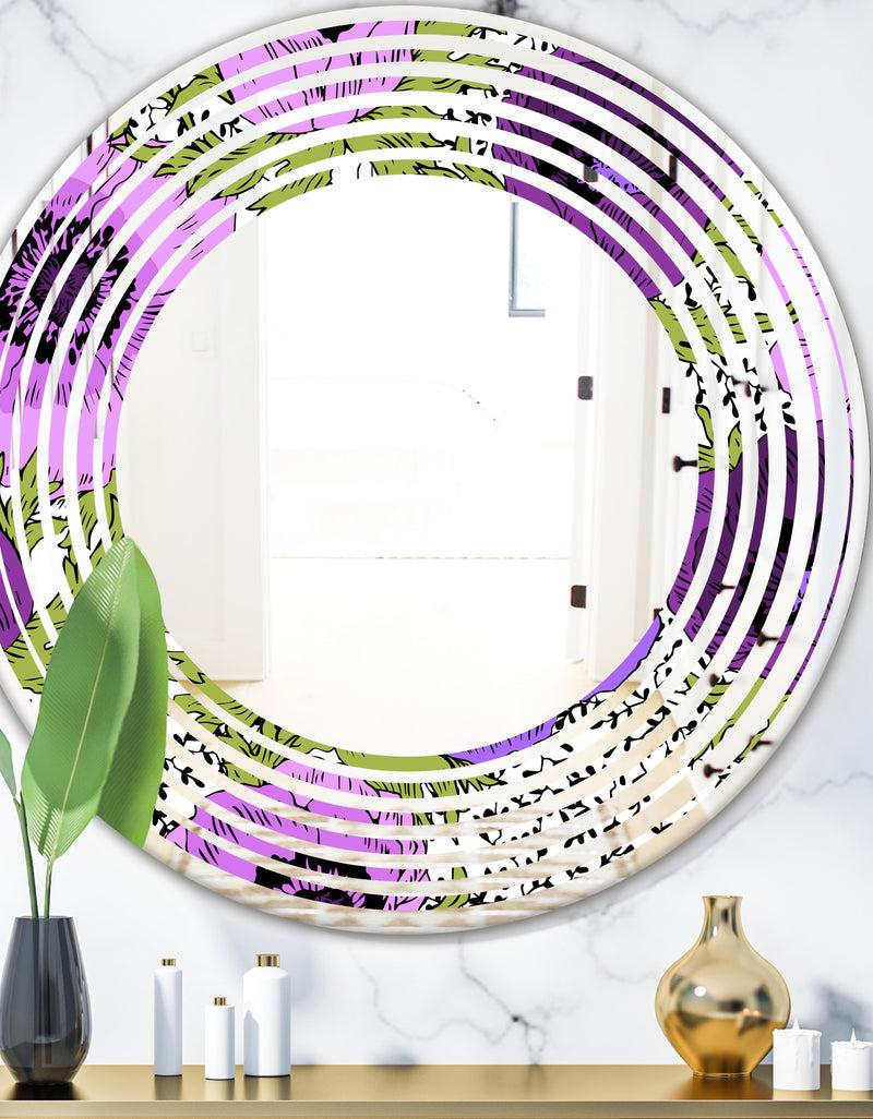 DesignQ Purple Retro Fantasy Flowers - Cottage Round or Oval Wall Mirror - Wave