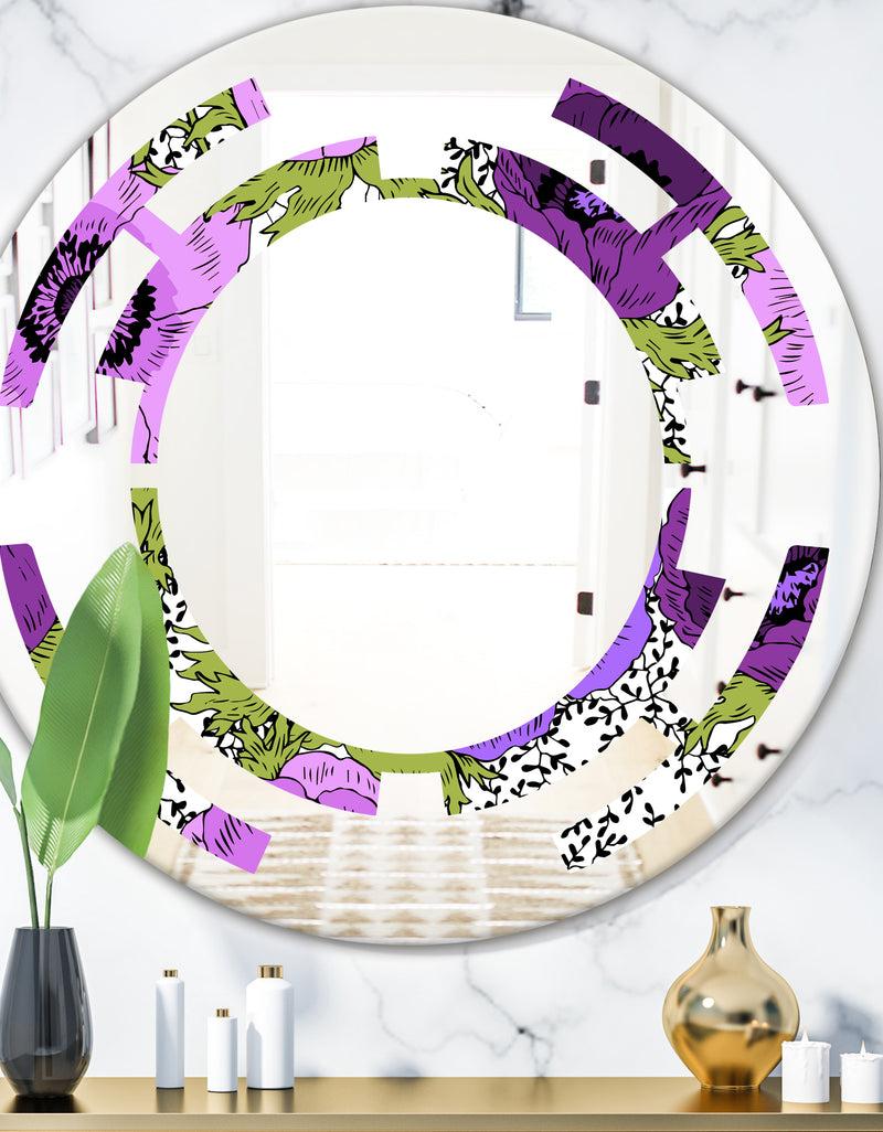 DesignQ Purple Retro Fantasy Flowers - Cottage Round or Oval Wall Mirror - Space
