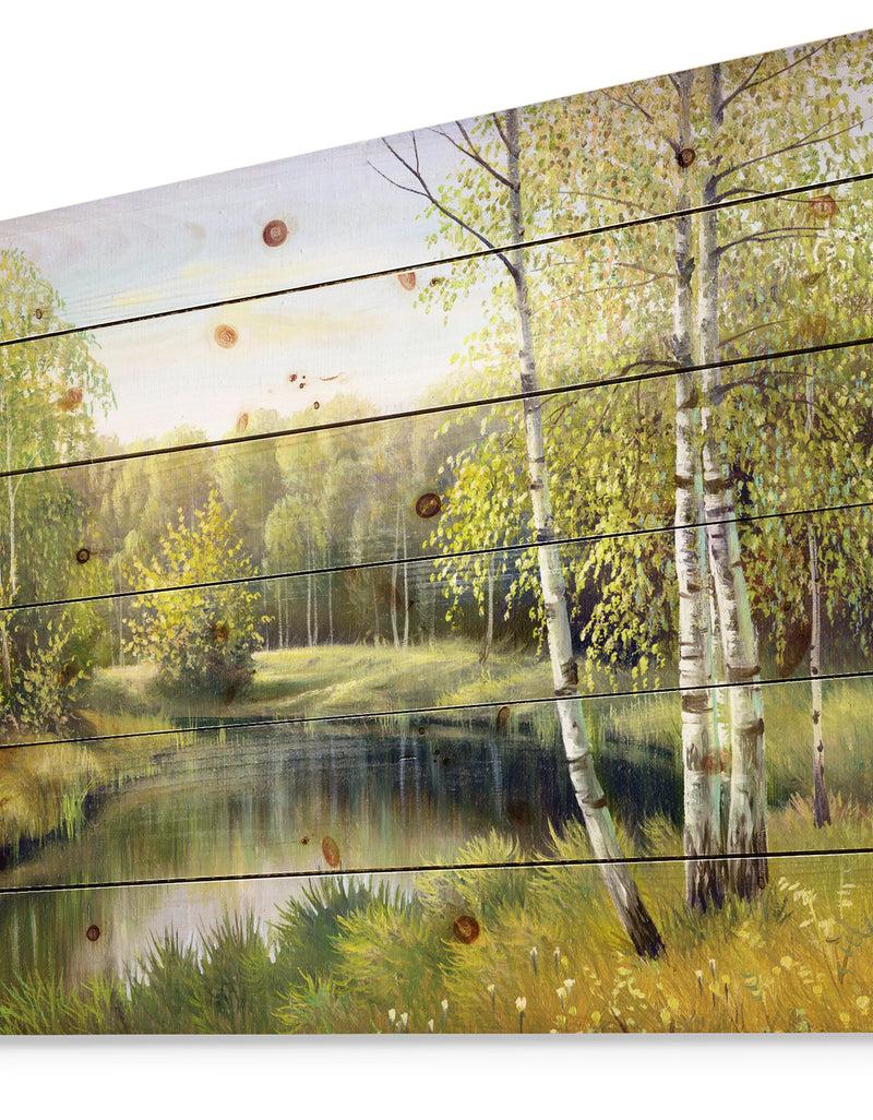 DesignQ Quiet Autumn River - Landscape Print On Natural Pine Wood
