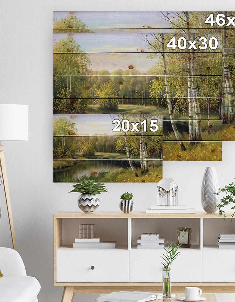 DesignQ Quiet Autumn River - Landscape Print On Natural Pine Wood