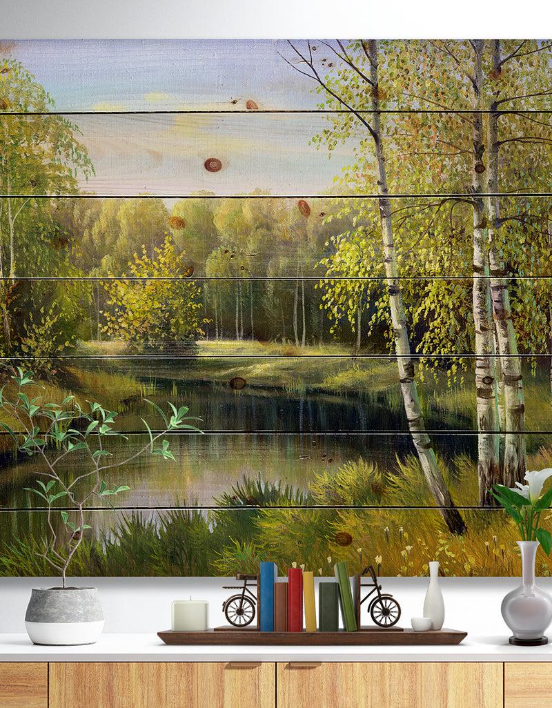 DesignQ Quiet Autumn River - Landscape Print on Natural Pine Wood