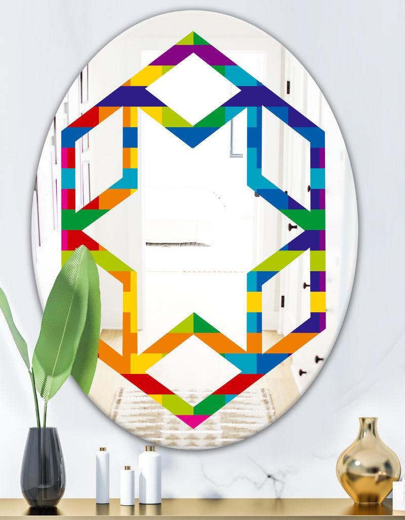 DesignQ Rainbow Colors Simple Geometric Pattern. - Modern Round Or Oval Wall Mirror - Hexagon Star