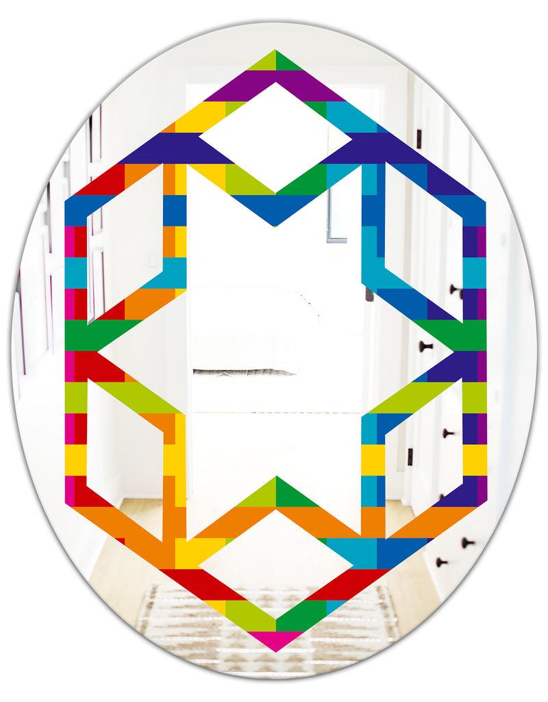 DesignQ Rainbow Colors Simple Geometric Pattern. - Modern Round Or Oval Wall Mirror - Hexagon Star