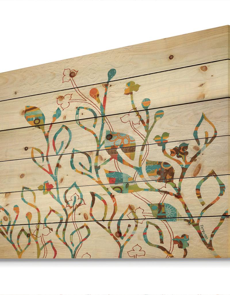 DesignQ Rainbow Coloured Vines And Flowers - Cabin & Lodge Print On Natural Pine Wood