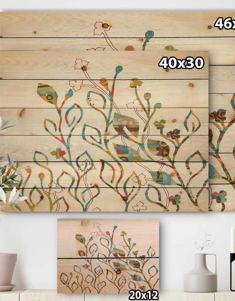 DesignQ Rainbow Coloured Vines And Flowers - Cabin & Lodge Print On Natural Pine Wood