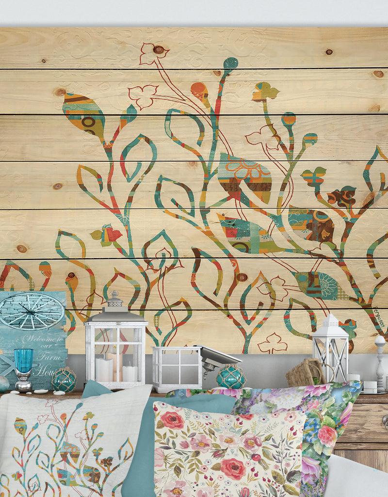 DesignQ Rainbow Coloured Vines And Flowers - Cabin & Lodge Print on Natural Pine Wood