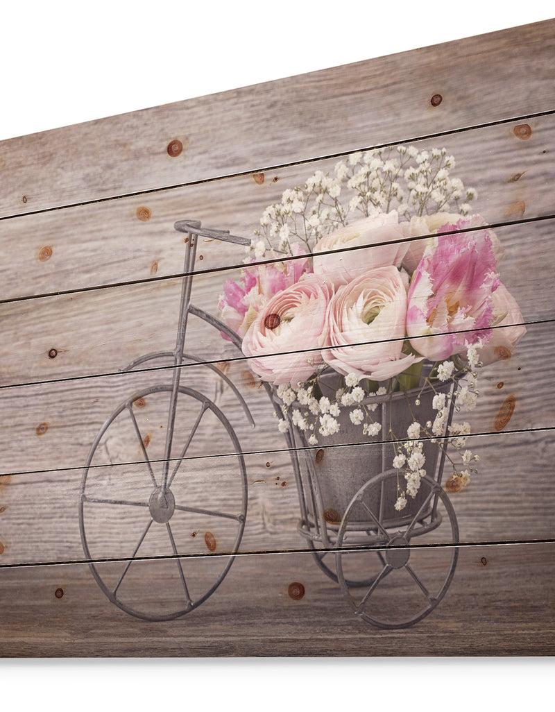 DesignQ Ranunculus Flowers On Bicycle - Floral Print On Natural Pine Wood