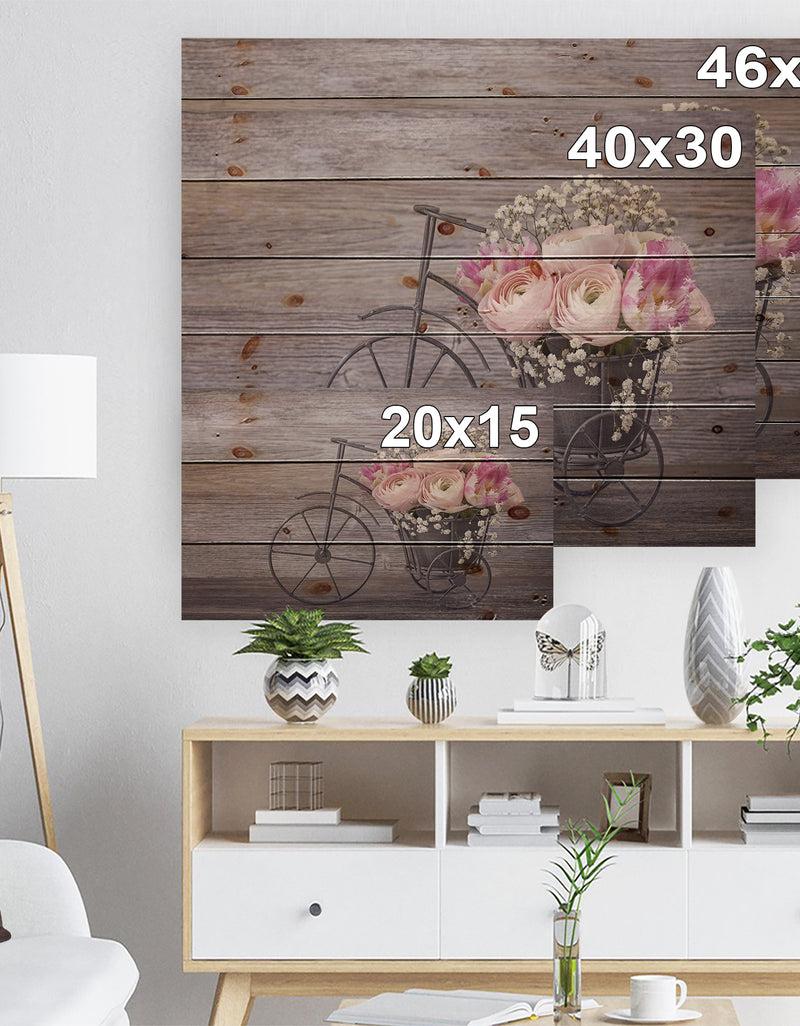 DesignQ Ranunculus Flowers On Bicycle - Floral Print On Natural Pine Wood