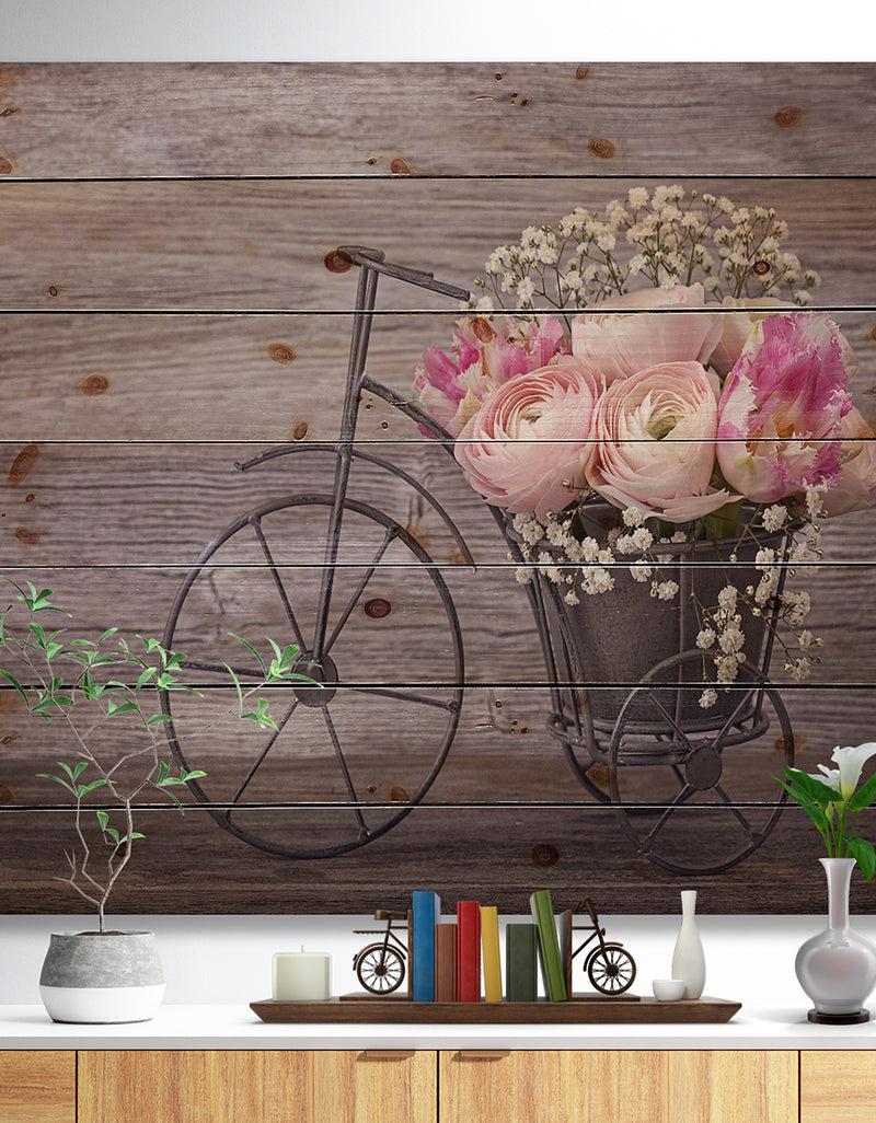 DesignQ Ranunculus Flowers on Bicycle - Floral Print on Natural Pine Wood