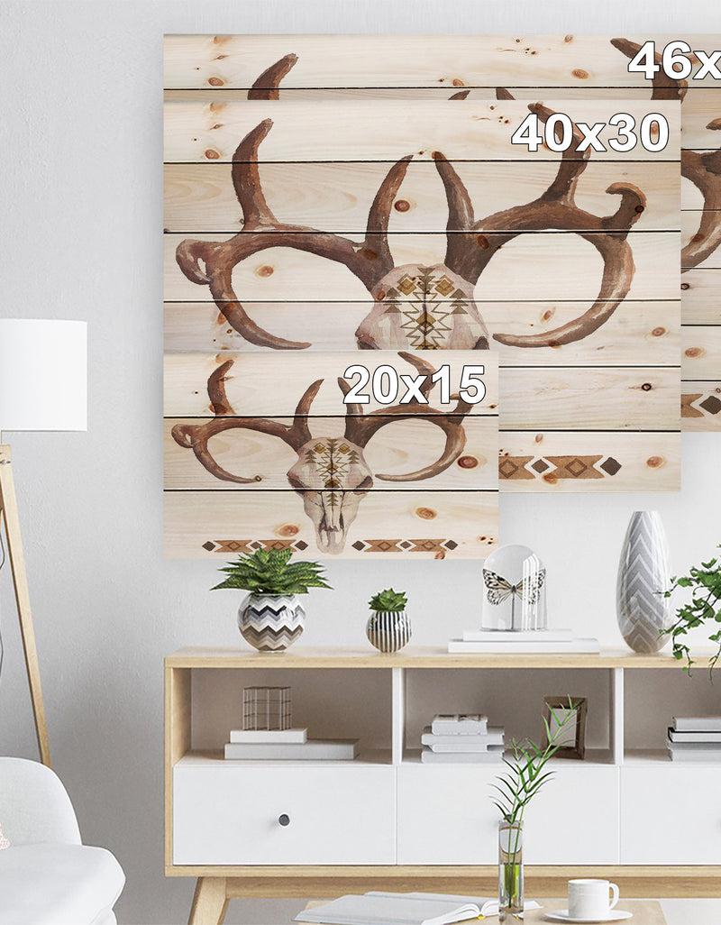 DesignQ Real Deer Antler Sketch - Farmhouse Animal Painting Print On Natural Pine Wood