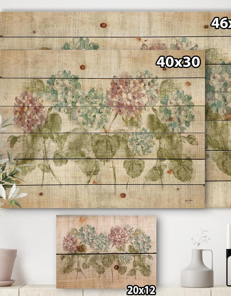 DesignQ Red And Blue Vibrant Hydrangea Flowers - Cabin & Lodge Print On Natural Pine Wood