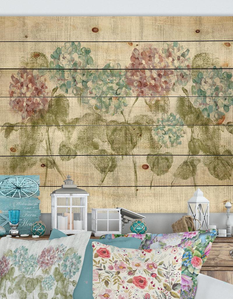 DesignQ Red and Blue Vibrant Hydrangea Flowers - Cabin & Lodge Print on Natural Pine Wood