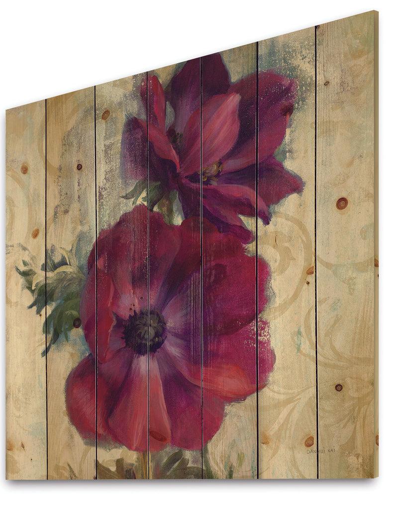 DesignQ Red Anemone Flower - Floral Farmhouse Print On Natural Pine Wood