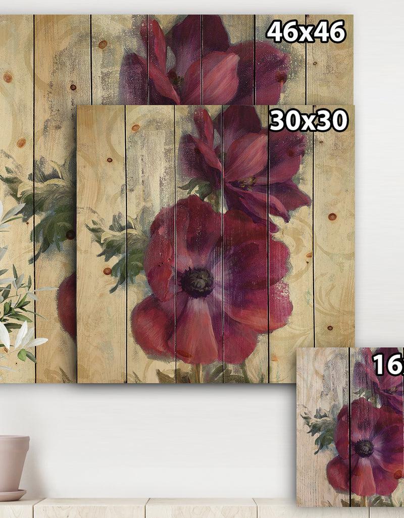 DesignQ Red Anemone Flower - Floral Farmhouse Print On Natural Pine Wood
