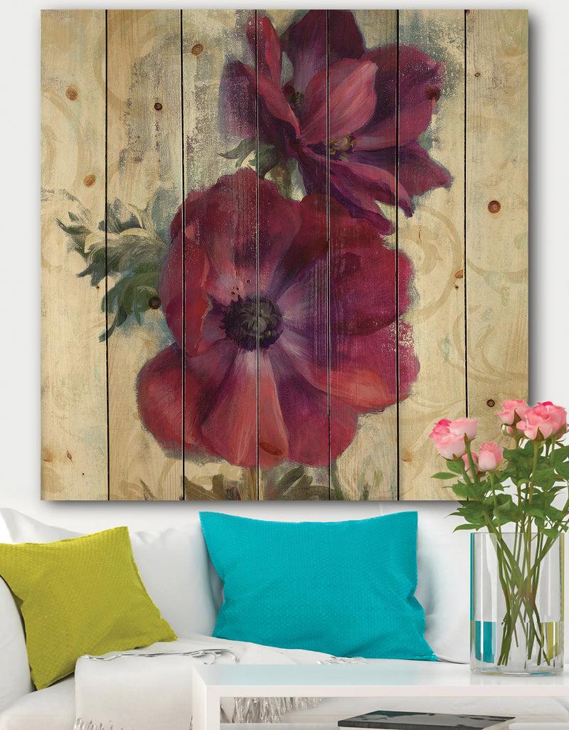 DesignQ Red Anemone Flower - Floral Farmhouse Print on Natural Pine Wood
