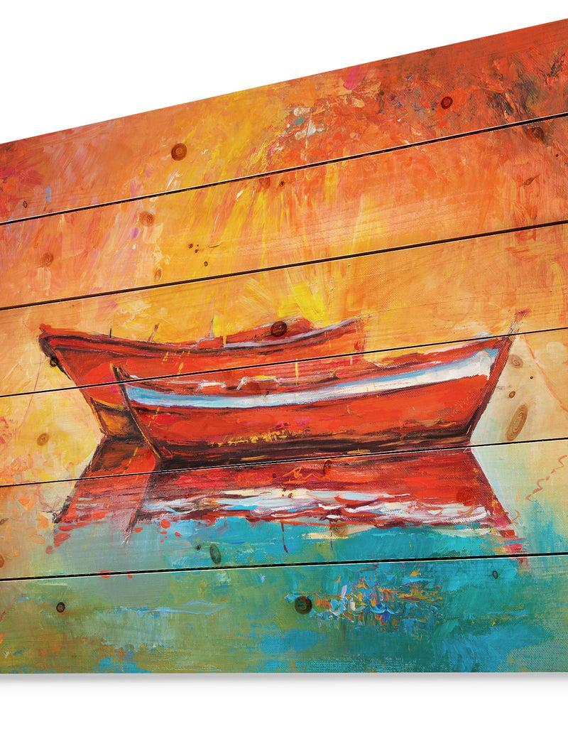 DesignQ Red Boats Over Golden Sunset - Nautical Painting Print On Natural Pine Wood