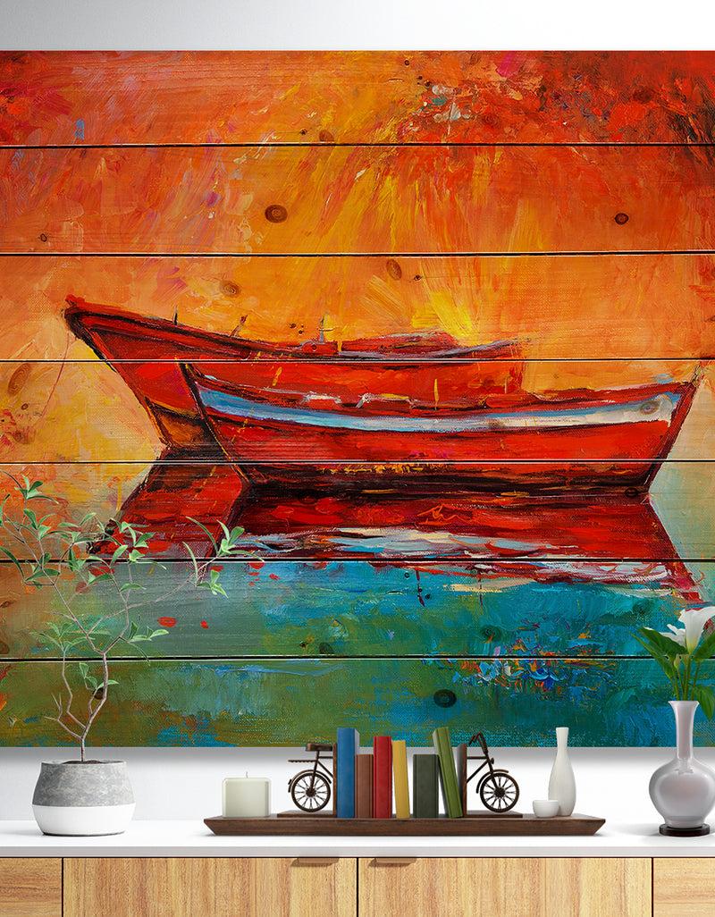 DesignQ Red Boats over Golden Sunset - Nautical Painting Print on Natural Pine Wood