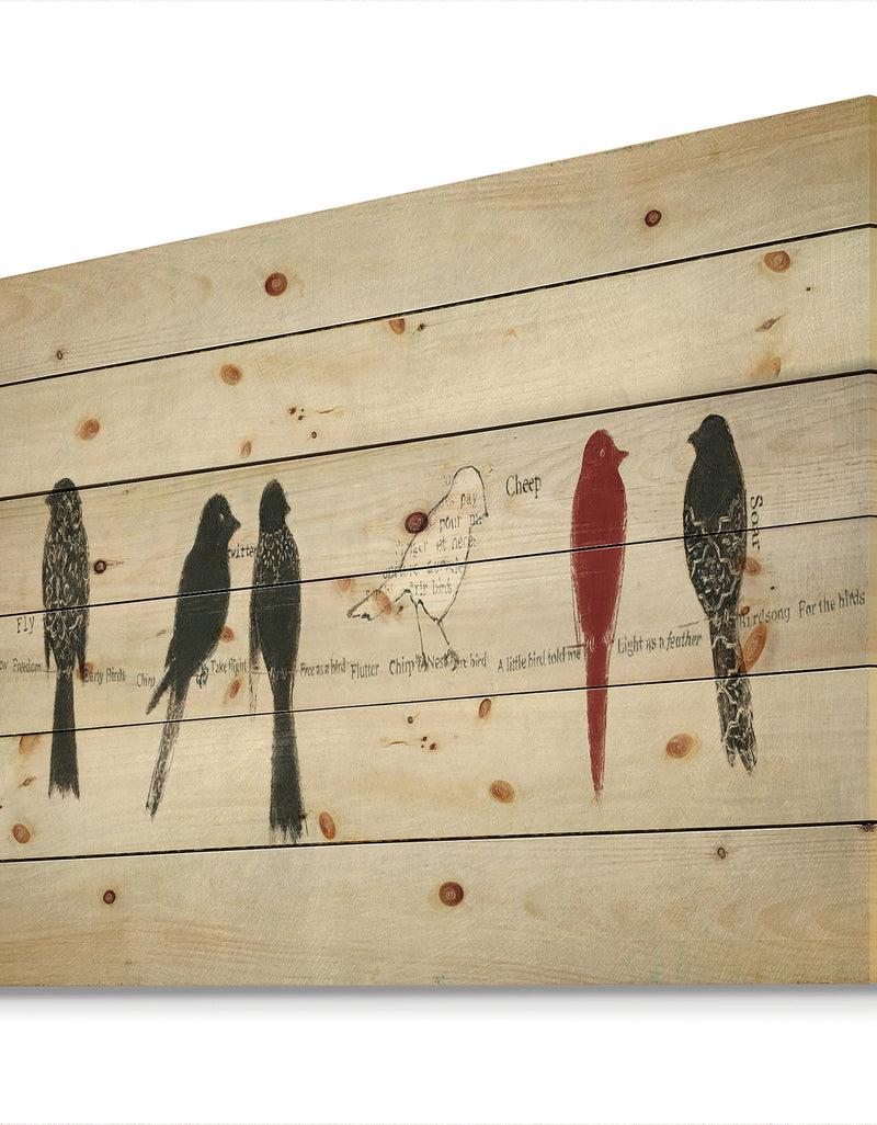 DesignQ Red Catching Up Bird Family - Farmhouse Print On Natural Pine Wood