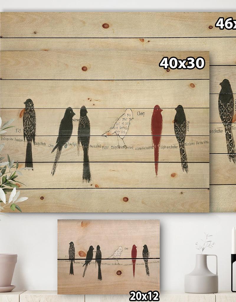 DesignQ Red Catching Up Bird Family - Farmhouse Print On Natural Pine Wood