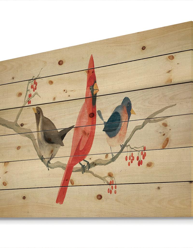 DesignQ Red Farmhouse Bird On Branch Painting - Modern Farmhouse Print On Natural Pine Wood