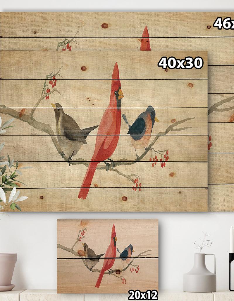 DesignQ Red Farmhouse Bird On Branch Painting - Modern Farmhouse Print On Natural Pine Wood