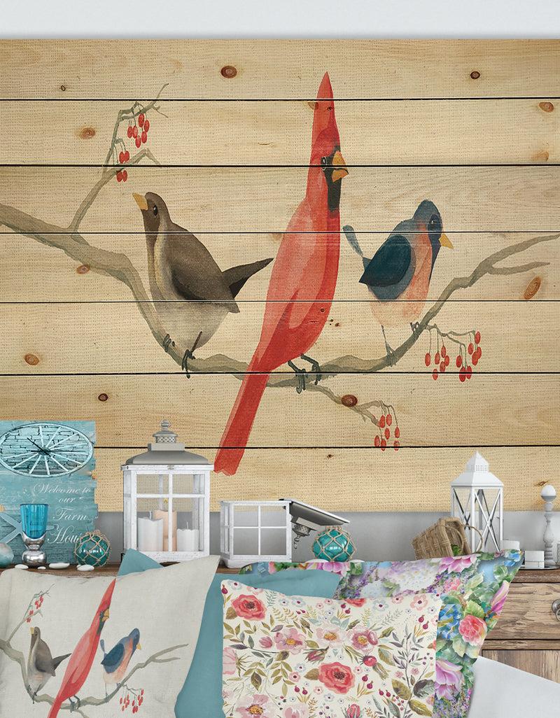 DesignQ Red Farmhouse Bird on Branch Painting - Modern Farmhouse Print on Natural Pine Wood