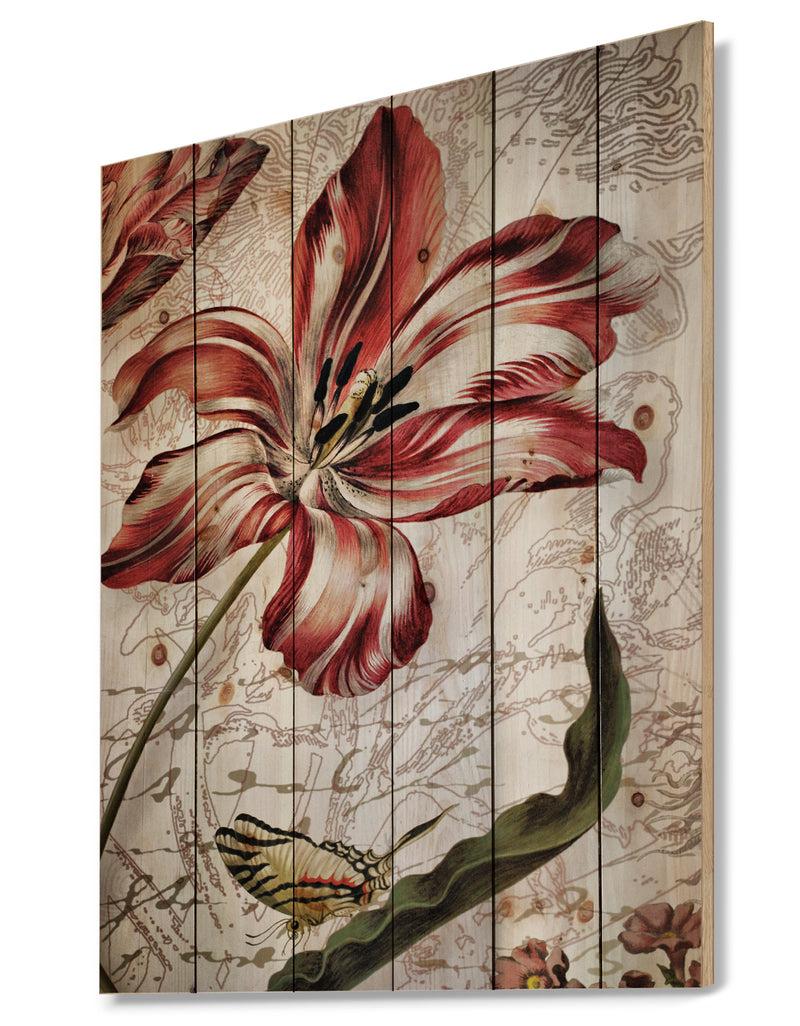 DesignQ Red Floral Pattern With Butterfly - Floral Art Print On Natural Pine Wood