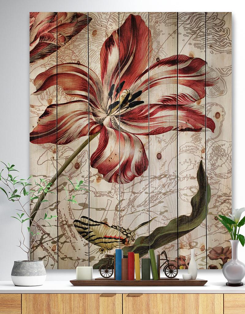 DesignQ Red Floral Pattern with Butterfly - Floral Art Print on Natural Pine Wood