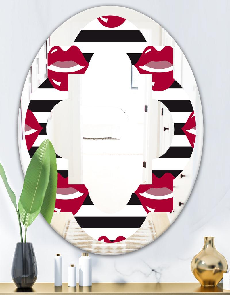DesignQ Red Lips Fashion Pattern - Modern Round Or Oval Wall Mirror - Quatrefoil