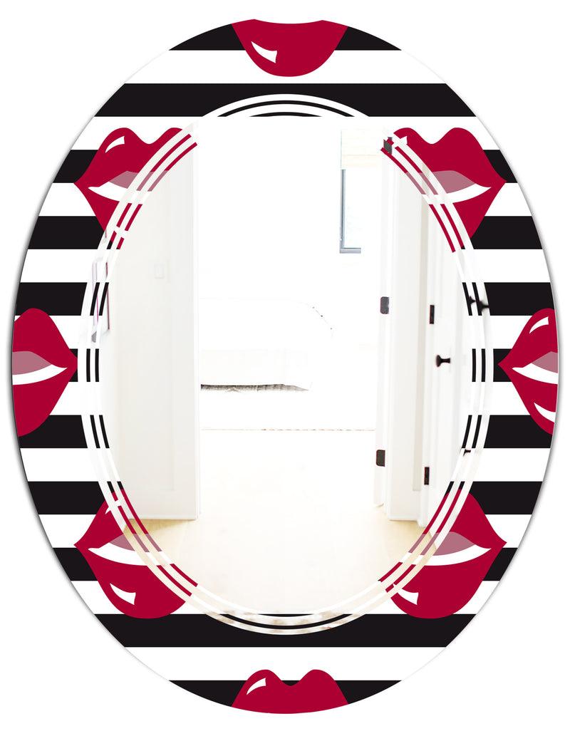 DesignQ Red Lips Fashion Pattern - Modern Round Or Oval Wall Mirror - Triple C