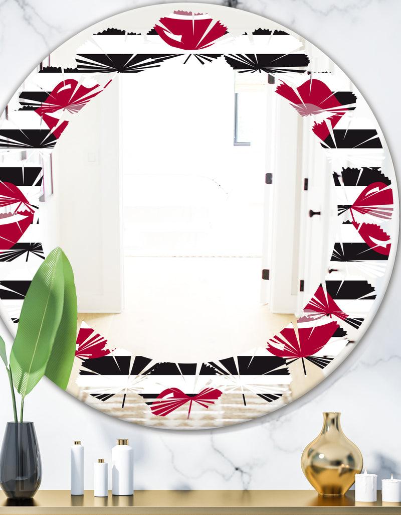 DesignQ Red Lips Fashion Pattern - Modern Round or Oval Wall Mirror - Leaves