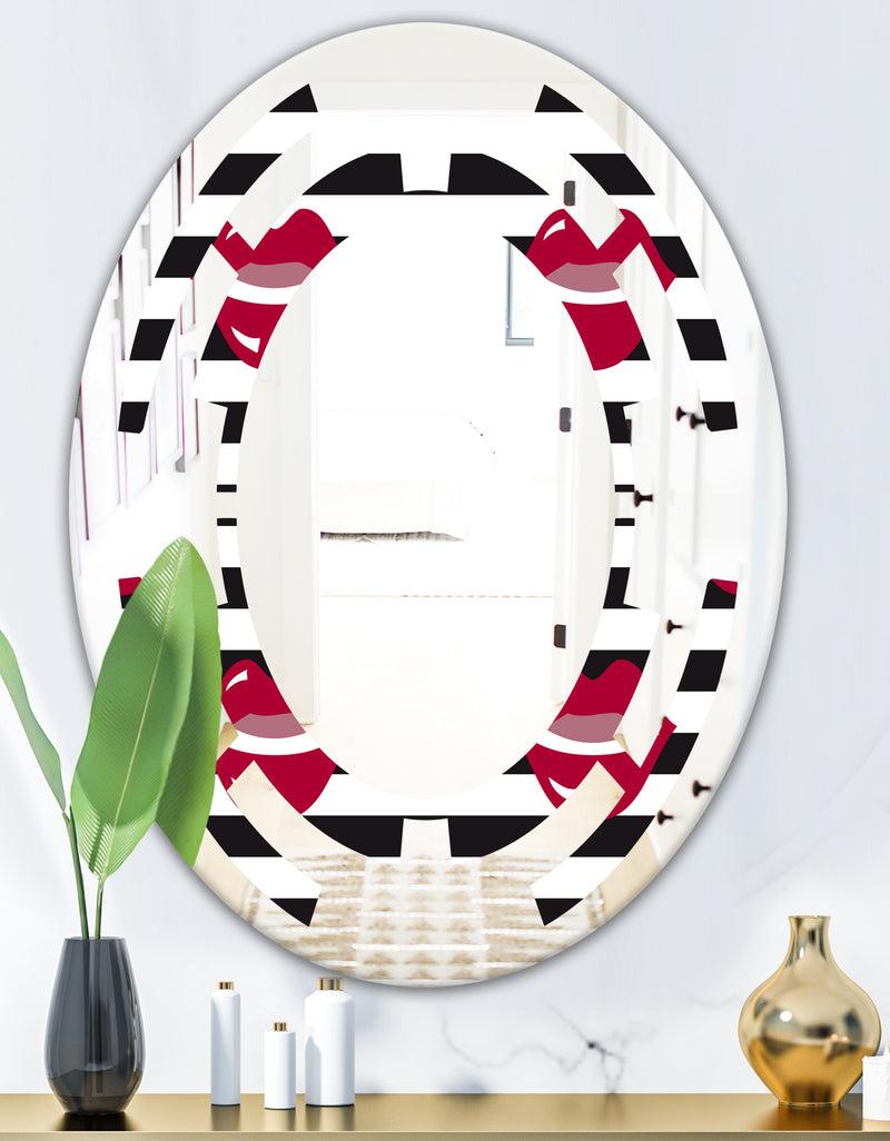 DesignQ Red Lips Fashion Pattern - Modern Round Or Oval Wall Mirror - Space