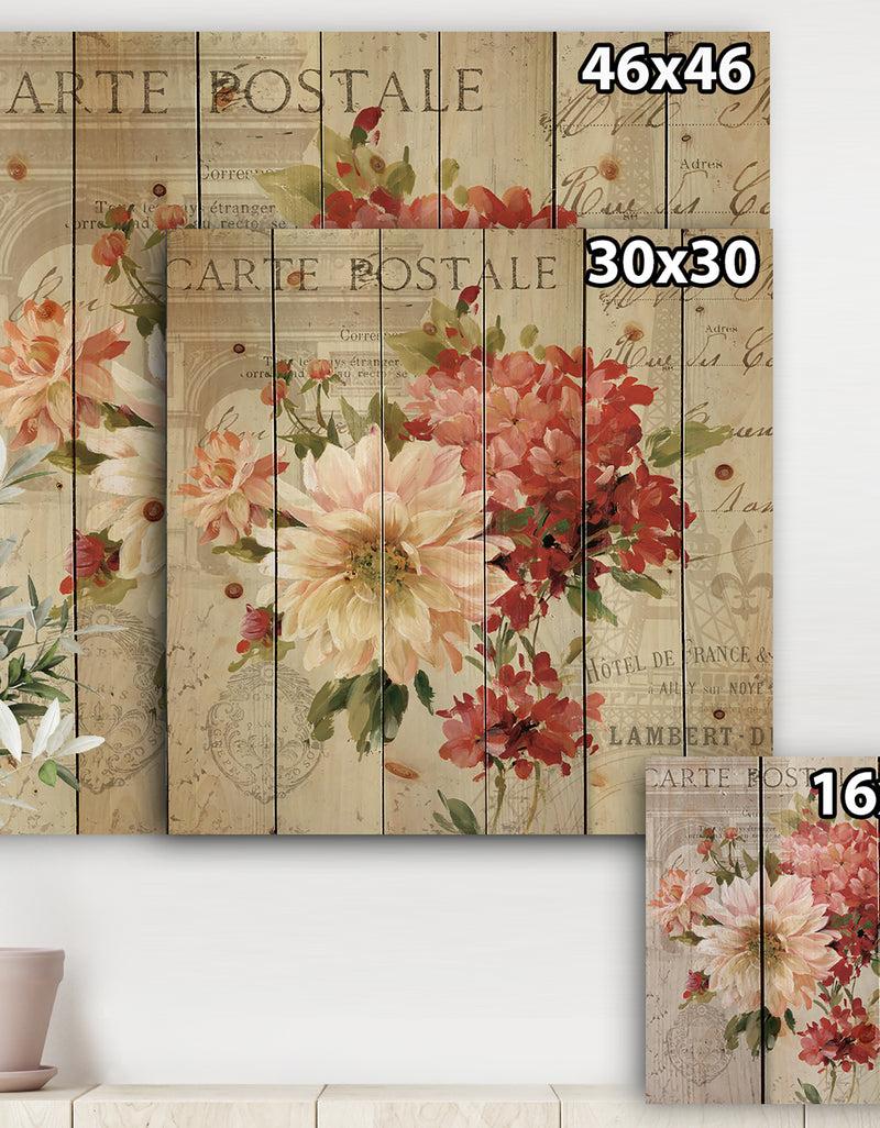 DesignQ Red Painted Flowers On Vintage Postcard I - Traditional Print On Natural Pine Wood